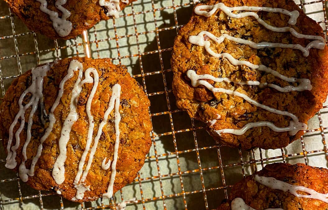 Flourless Sweetpotato Oatmeal Raisin Cookies with Spiced Icing