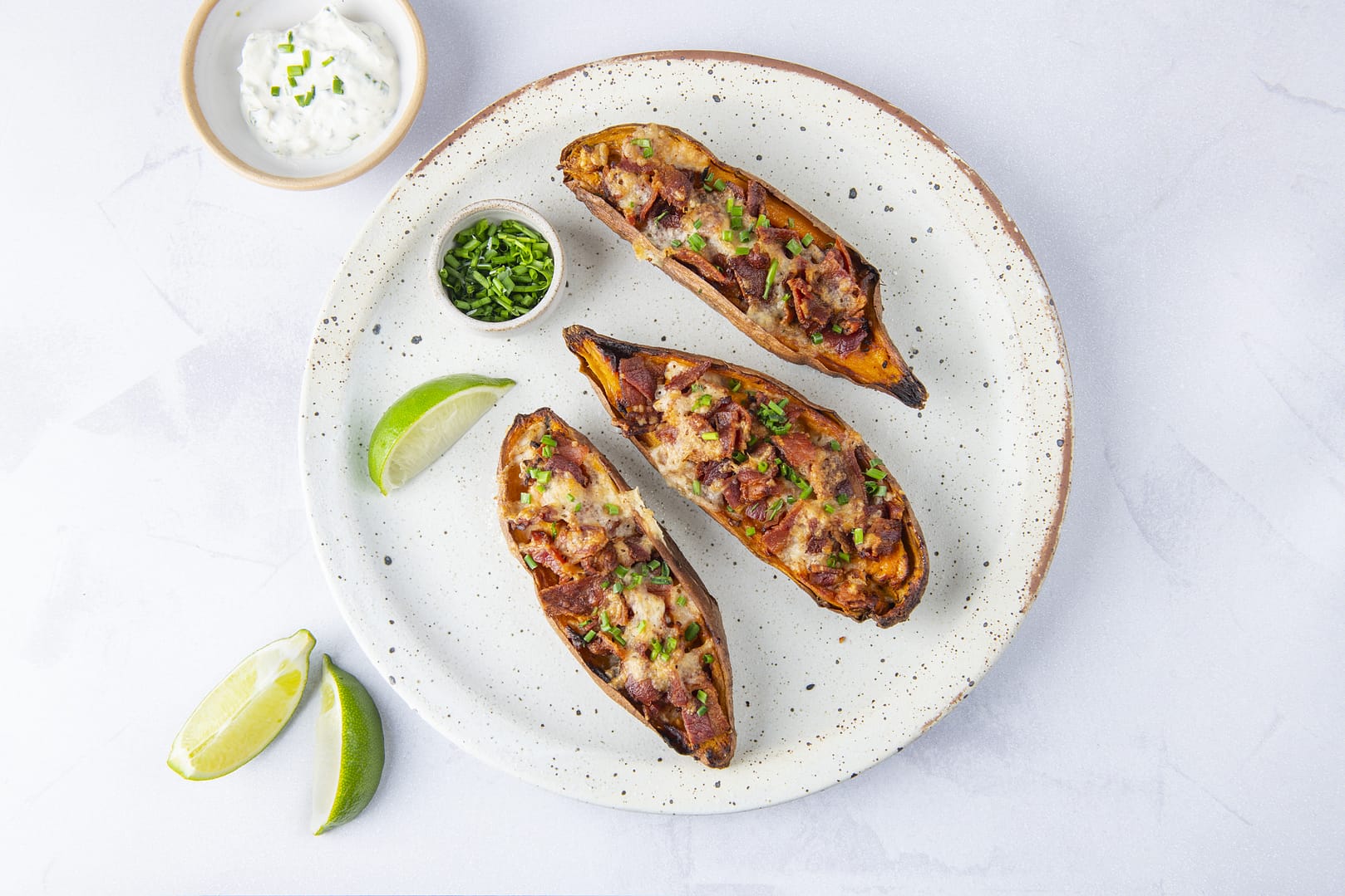 Loaded sweetpotato skins with bacon, sour cream, chives F