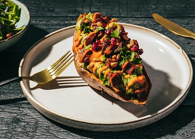 Süßkartoffel, Chorizo und Rucola