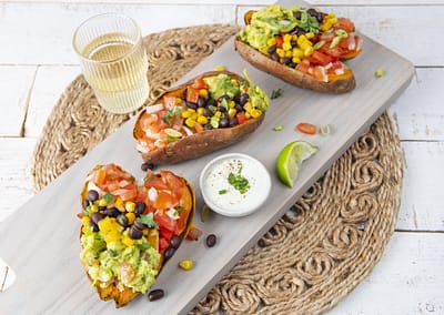 Salsa and Guacamole Stuffed Sweetpotatoes
