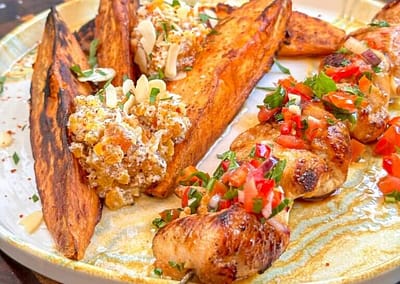 Grilled Sweetpotato Wedges with Chicken Skewers