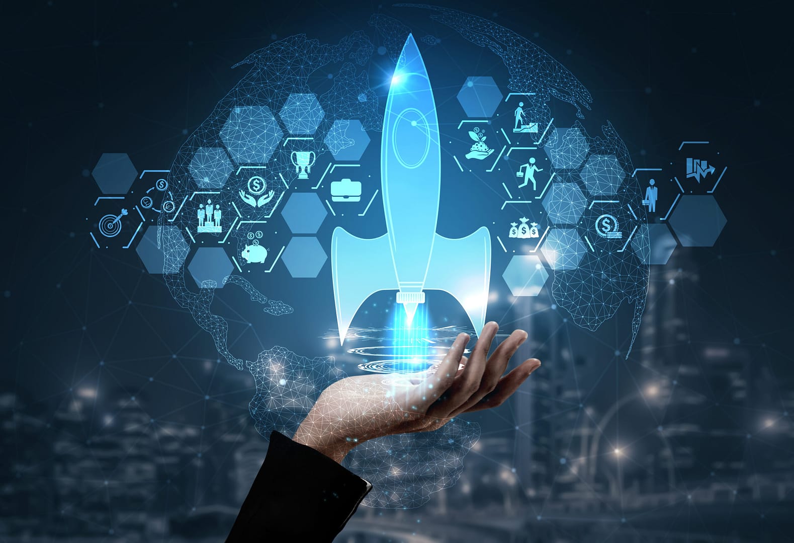 Start Up Business of Creative People Concept – Modern graphic interface showing symbol of entrepreneurship, fund, and project plan to start a new small business by smart group of entrepreneur.